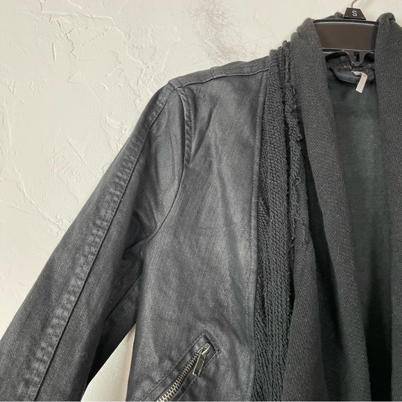 Free People Jacket Coat Coated Black Drape Front Zipper Fringe Distressed Moto - Picture 9 of 11